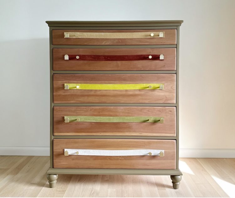 Green boho dresser with suede and brushed gold