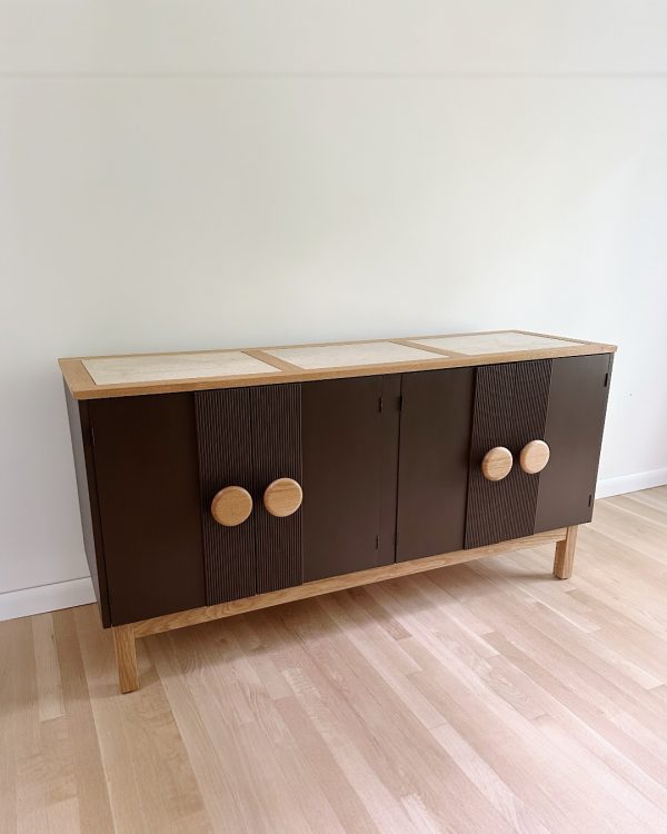 70’s inspired dark brown sideboard cabinet with travertine and fluted wood fronts